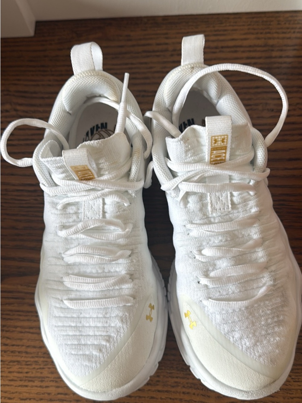 Under Armour Women's White ACE Volleyball Shoes with Gold Accents